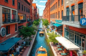 A beautiful sunset view of Bricktown with lit-up canals and buzzing nightlife.