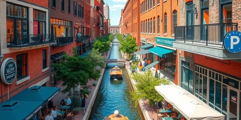 A beautiful sunset view of Bricktown with lit-up canals and buzzing nightlife.