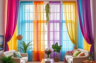 A stylishly decorated apartment with colorful curtains and fairy lights around the windows, creating an inviting atmosphere.