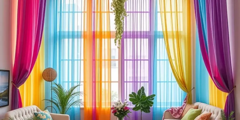 A stylishly decorated apartment with colorful curtains and fairy lights around the windows, creating an inviting atmosphere.