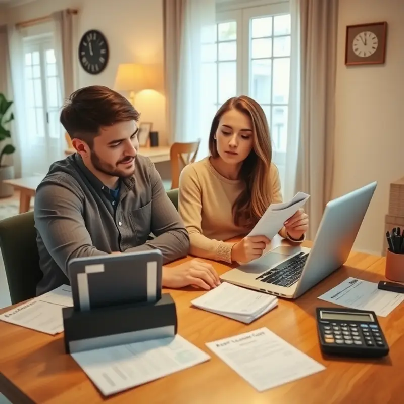 Couple budgeting for their first apartment with the help of financial tools.