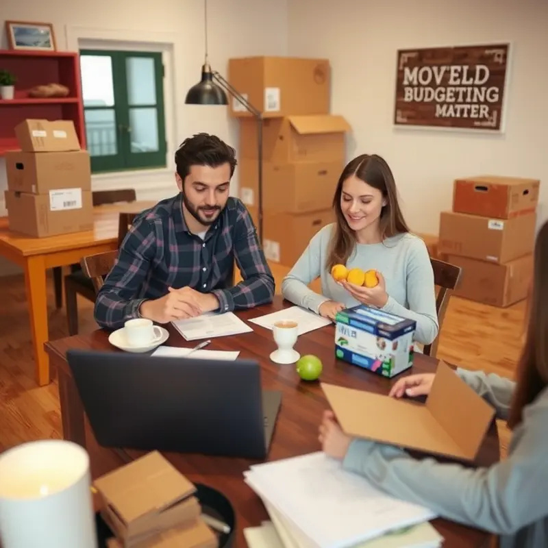 A couple budgeting their moving expenses with a laptop and snacks.