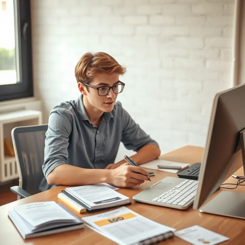 A young professional calculates their monthly budget, focusing on income and expenses.