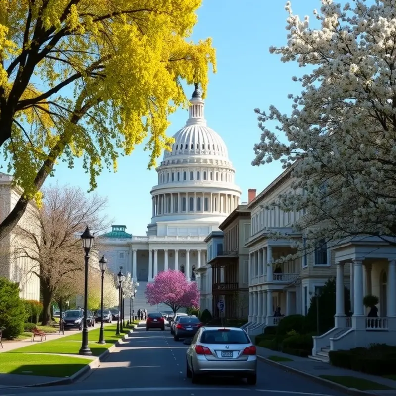 Historic Victorian houses in Capitol Hill with the U.S. Capitol in the backdrop.