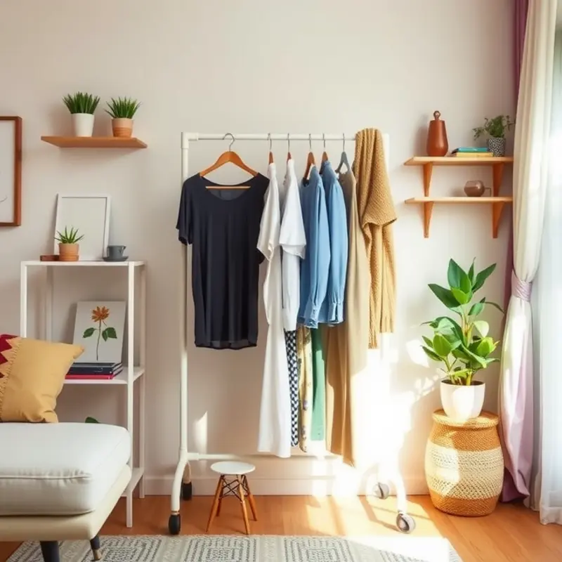 A stylish closet maximizing vertical space with organized clothing and accessories.