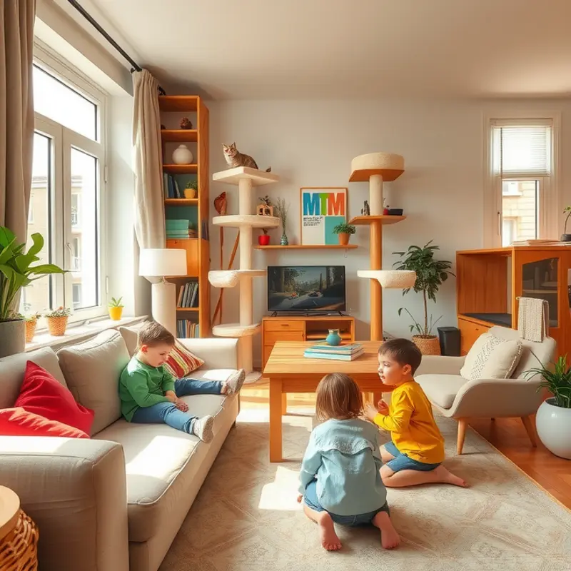 An inviting cat-friendly apartment that balances comfort for both pets and children.