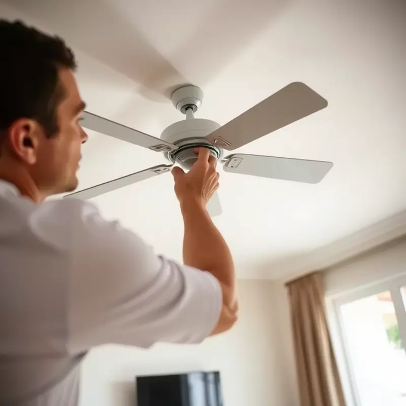 A ceiling fan equipped with essential safety features in a modern apartment.