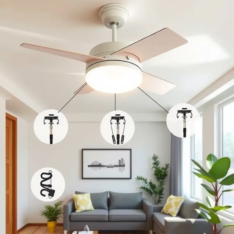 A ceiling fan equipped with essential safety features in a modern apartment.