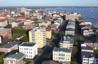 Beautiful view of the historic district in Charleston, SC with colorful homes and people by the waterfront.