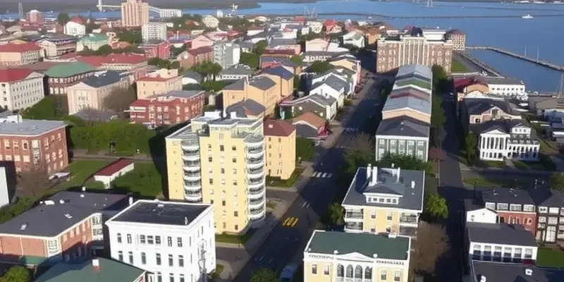 Beautiful view of the historic district in Charleston, SC with colorful homes and people by the waterfront.