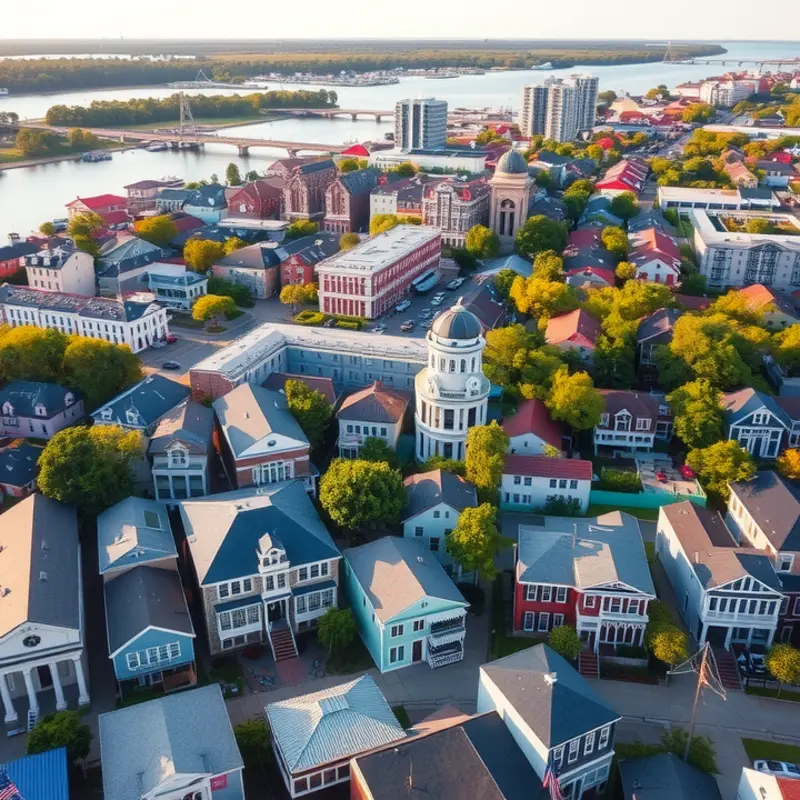 An aerial view highlighting the diverse neighborhoods of Charleston, SC.