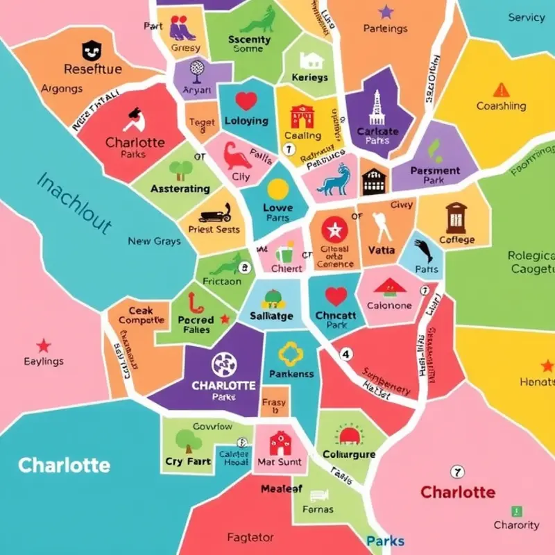 A colorful map showing Charlotte’s diverse neighborhoods and their attractions.