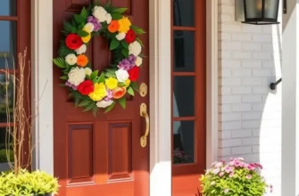 An aesthetically pleasing rental door adorned with greenery and colorful decorations.