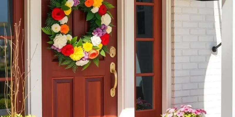 An aesthetically pleasing rental door adorned with greenery and colorful decorations.