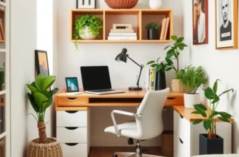 A modern home office setup with plants and decor that is bright and inviting.