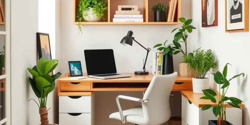 A modern home office setup with plants and decor that is bright and inviting.