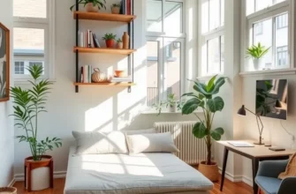 Cheerful studio apartment showcasing smart space utilization and vibrant decor.