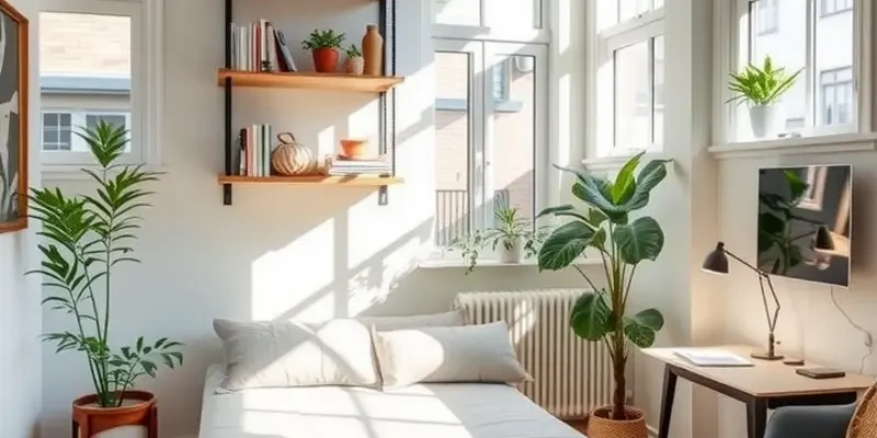 Cheerful studio apartment showcasing smart space utilization and vibrant decor.