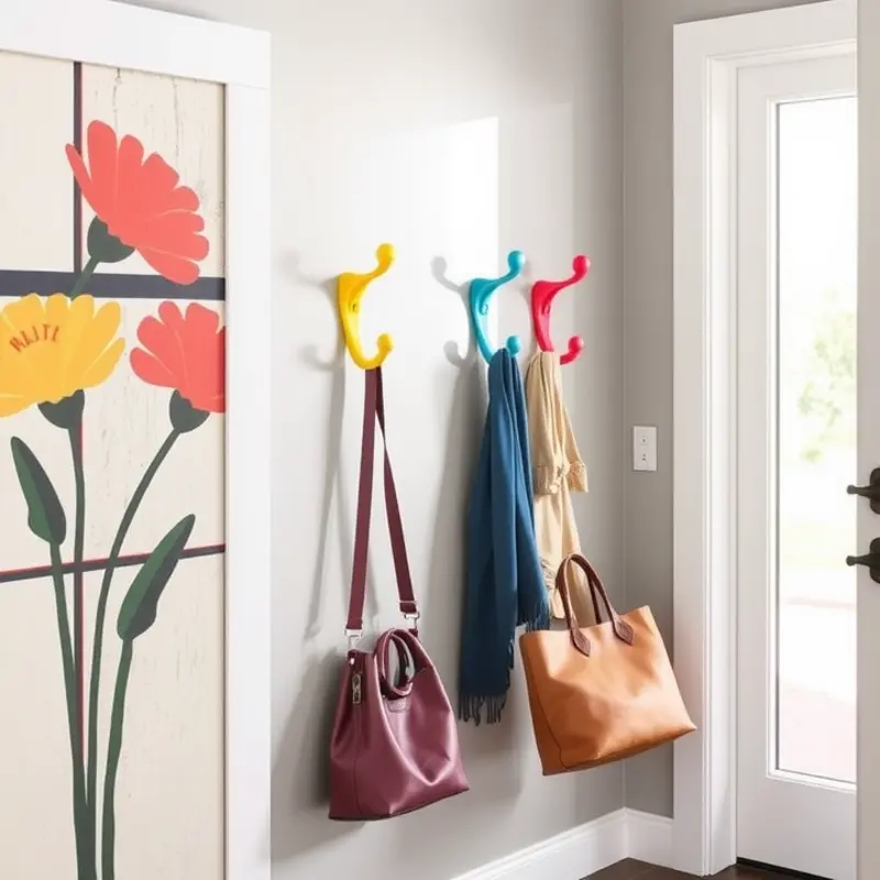 Artistic wall-painted coat hooks adding flair to the entryway.
