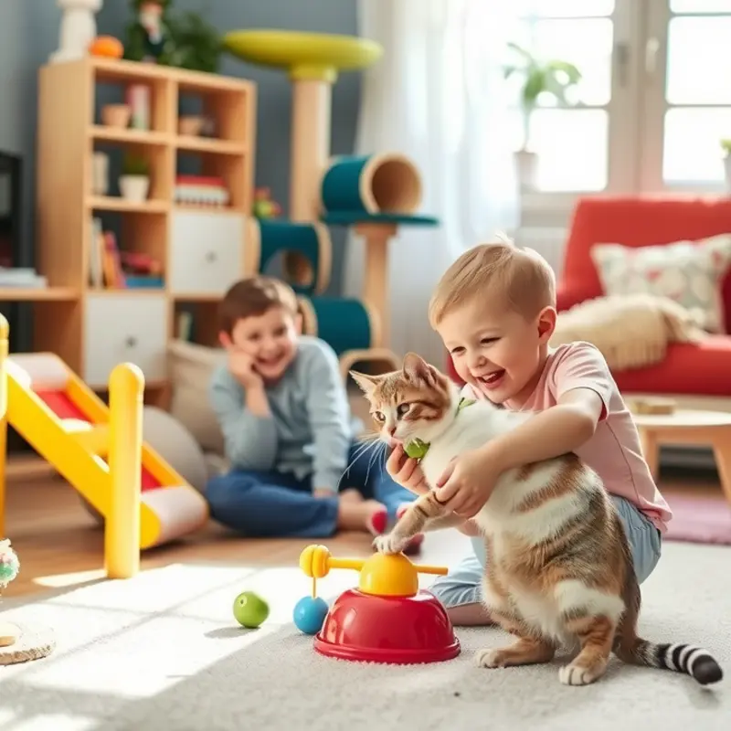 An inviting cat-friendly apartment that balances comfort for both pets and children.
