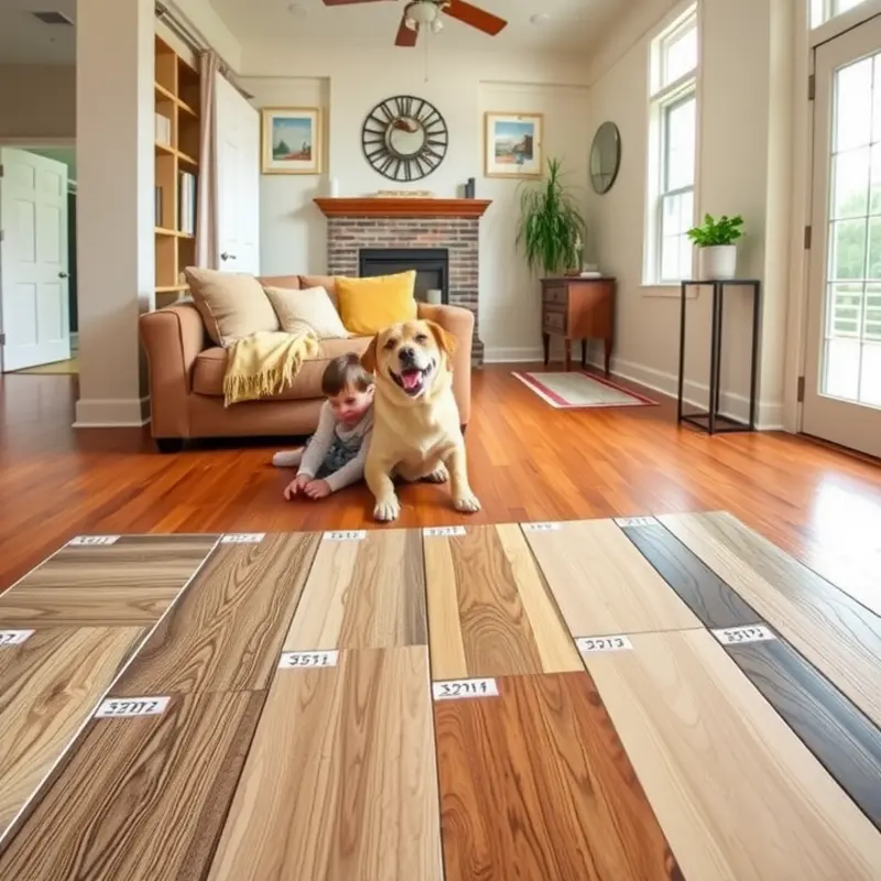 A variety of pet-friendly flooring options in a vibrant living room.