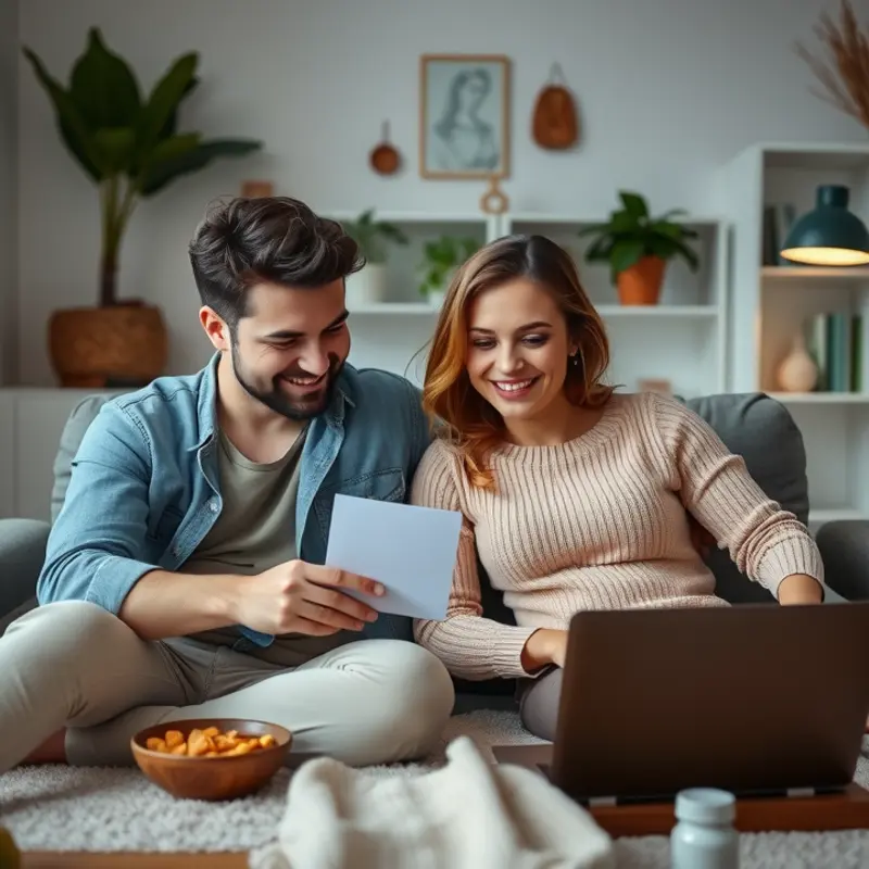 A modern couple navigating internet plans while unwinding in their new cozy space.