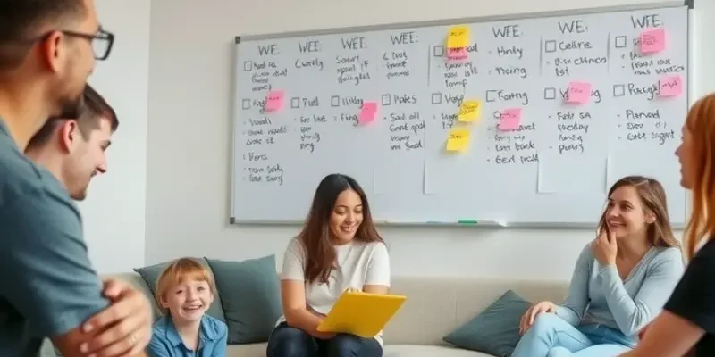 A cozy apartment living room showcasing a colorful chore schedule with happy roommates.