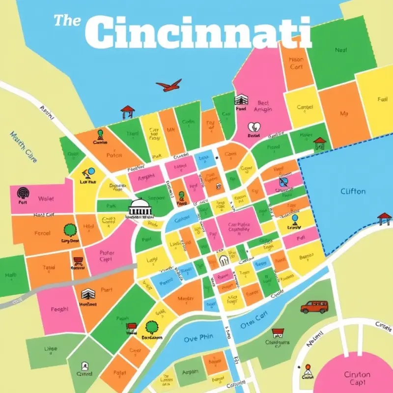 A map showcasing the vibrant neighborhoods of Cincinnati with key amenities.