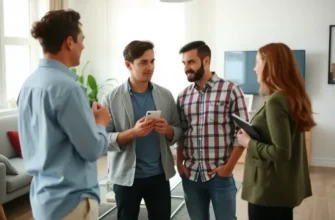 Vibrant cityscape with young professionals discussing apartment options.