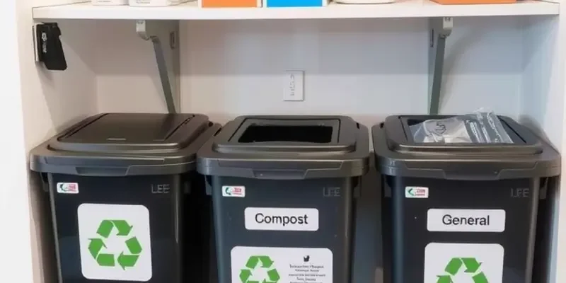 A sunny apartment with a clean living environment, showcasing thoughtful trash disposal practices.