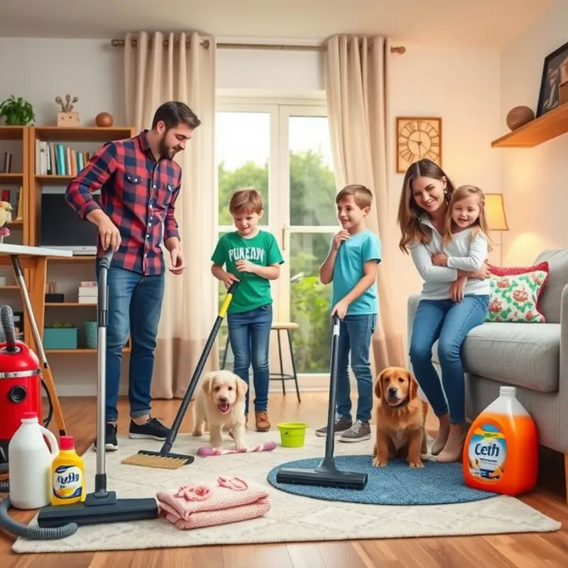 A family maintaining their rental space with a joyful and collaborative cleaning routine.