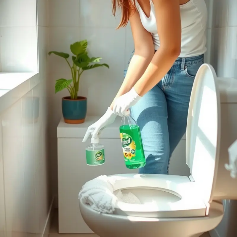 A renter using eco-friendly cleaning supplies for toilet maintenance.