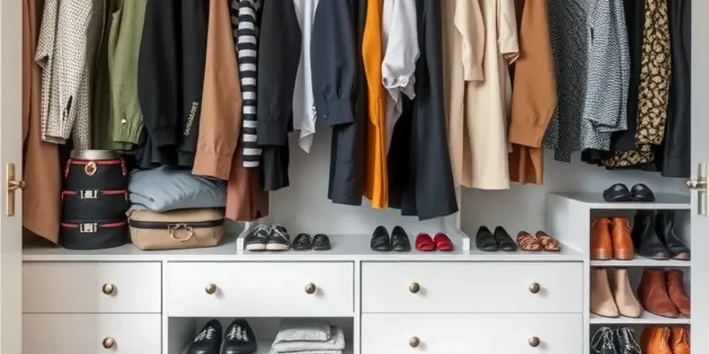A vibrant closet space showcasing beautifully organized clothing, shoes, and accessories.