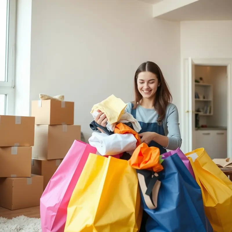 A young adult organizing belongings while packing for a move, promoting a minimalist approach.
