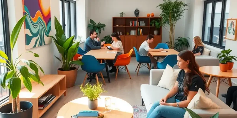 Exterior view of a co-living space showcasing modern architecture and community features.
