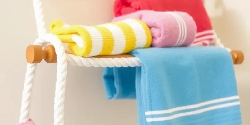 Diverse collection of DIY towel holders in a bright bathroom setting.