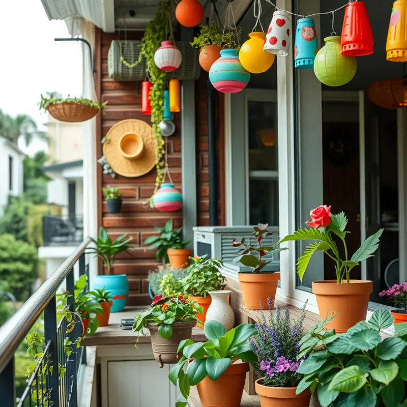 A cozy balcony setup with bistro furniture and plants.