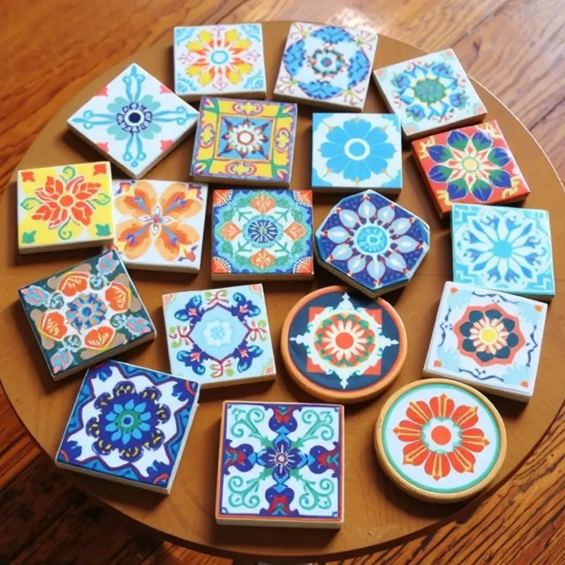 Handmade colorful ceramic tile coasters showcasing unique designs.