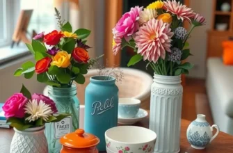 A dining table adorned with diverse DIY centerpieces including flowers and candles