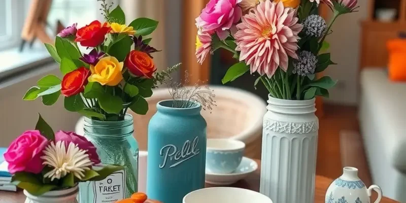 A dining table adorned with diverse DIY centerpieces including flowers and candles