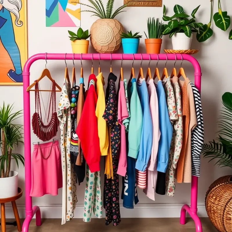 A stylish and functional minimalist garment rack in a cozy living space.