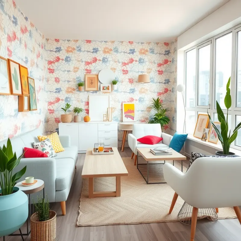 A vibrant rental living room showcasing removable wallpaper and colorful decor.