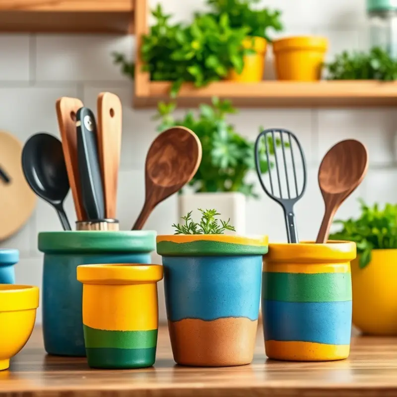 Vibrant terracotta pots as unique utensil holders add a splash of color to any kitchen.