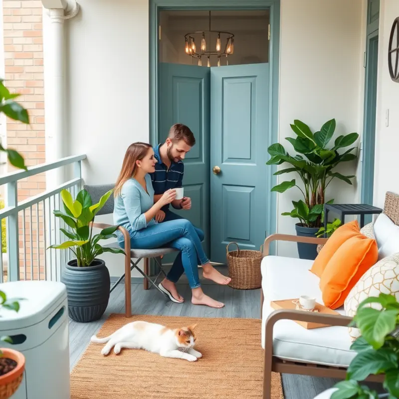 A pet-friendly balcony filled with colorful plants and a cozy seating area for relaxation.
