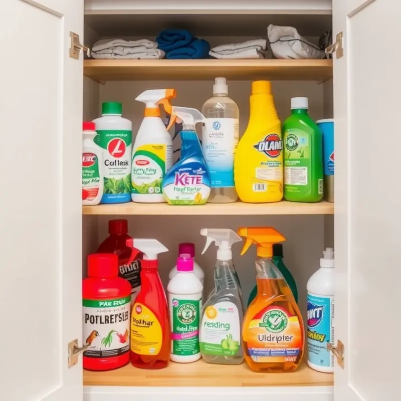 A well-organized shelf featuring various common apartment chemicals.