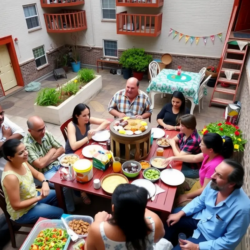 Residents enjoying a fun potluck in their apartment complex.
