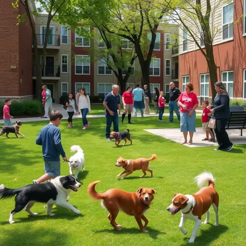 A lively common area where pets and families interact and socialize.