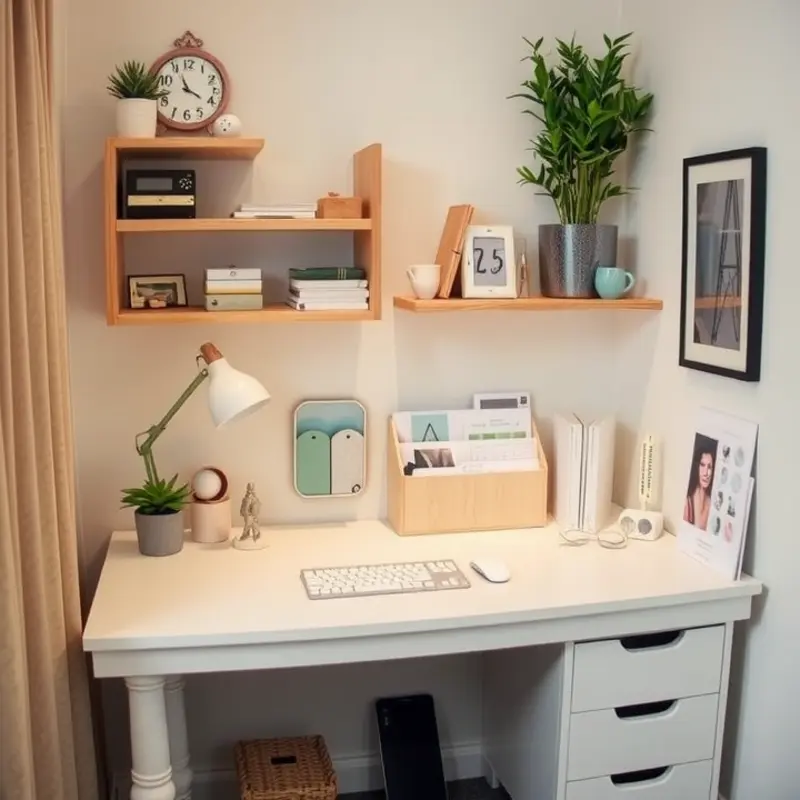 A compact desk setup showcasing effective organization strategies for small living spaces.