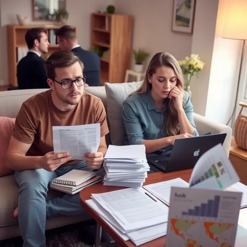 A couple navigating rental lease paperwork with uncertainty.
