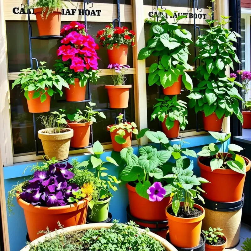 A flourishing balcony filled with potted herbs and decorative plants, ideal for apartment dwellers.